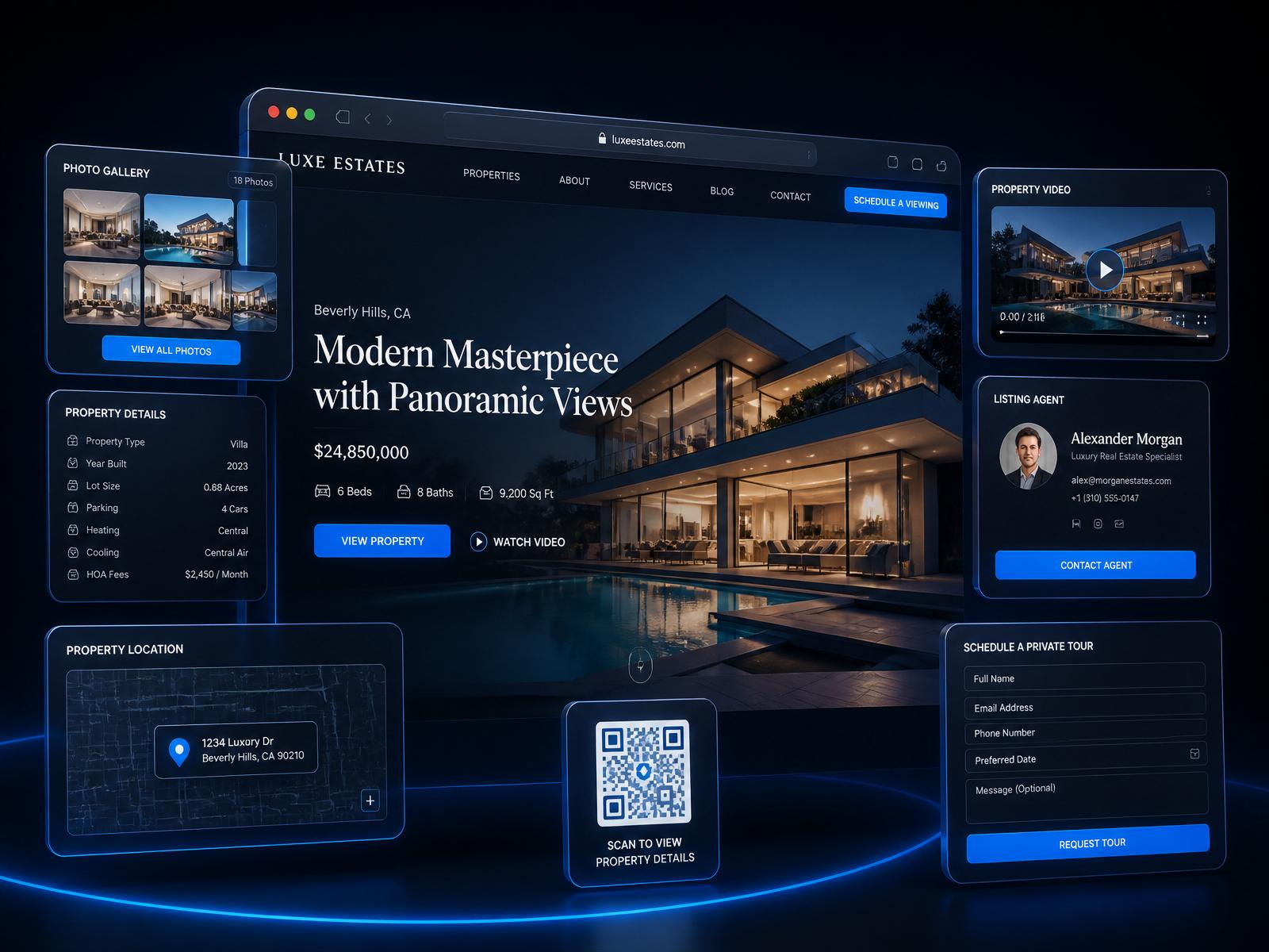 Sample Next Tier Listings property website with gallery, map, video, agent, QR code, and contact form